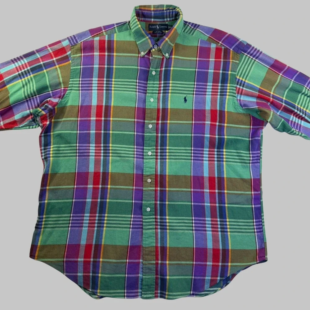 Polo Ralph Lauren Blake Mens XL Plaid Button Down Shirt Green Purple Multi Color